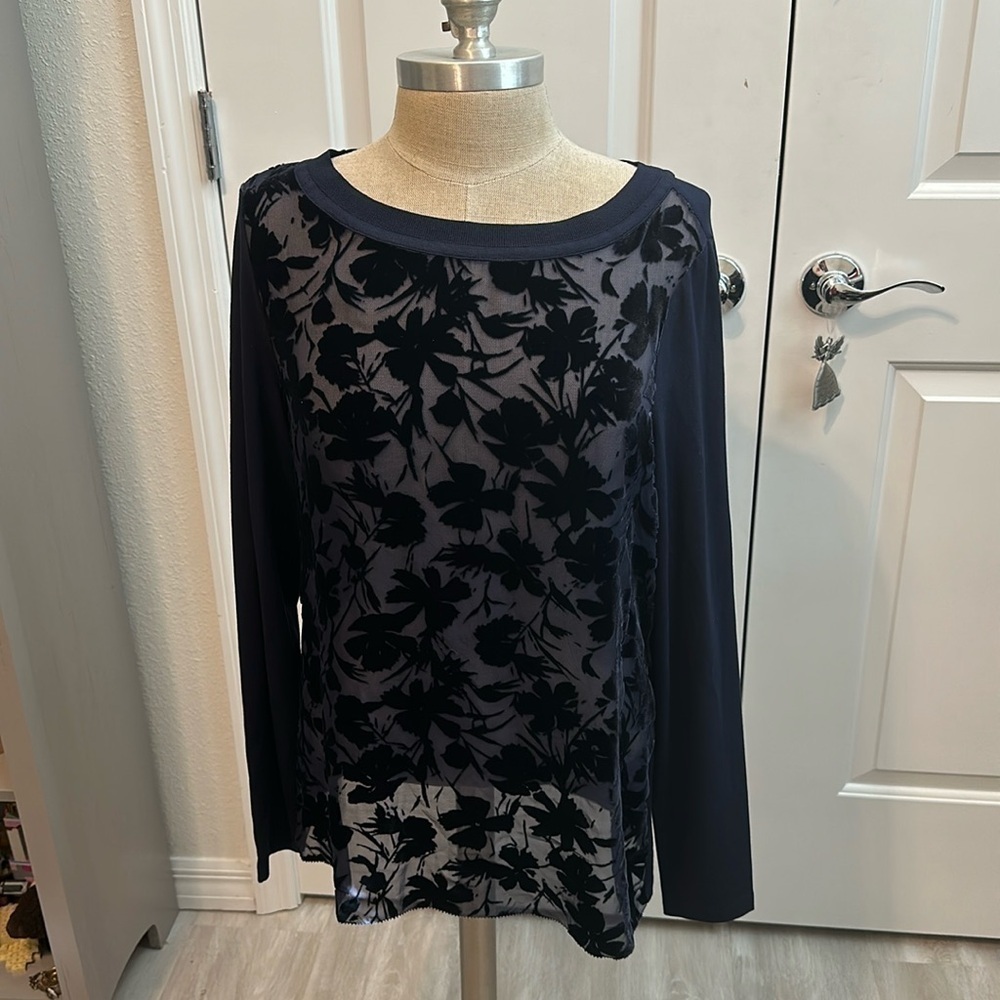 PER SE BY CARLISLE VELVET FLORAL SHEER FRONT SILK BLEND TOP GUC SZ 10 CAREER